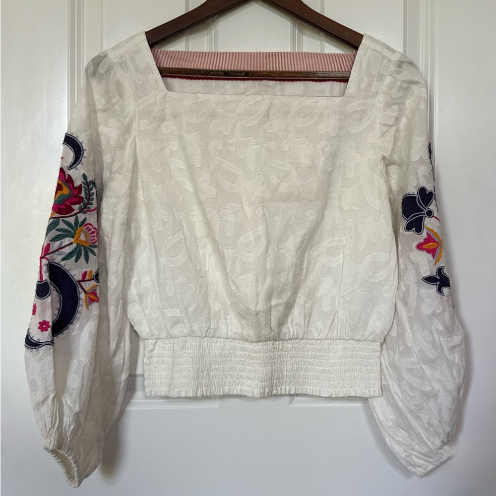 Anthropologie Cream 3/4 Sleeve Embellished Blouse